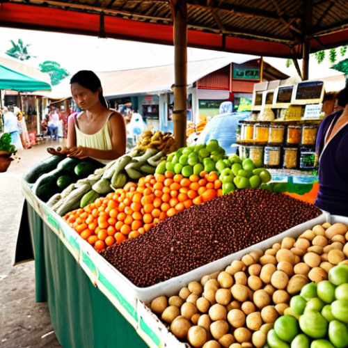 Home 10 **Image Prompt:** A vibrant marketplace scene in Thailand. Focus on a local vendor offering cosmetic refills in eco-friendly packaging like bamboo or reusable glass jars. Highlight the farmer's market atmosphere with fresh produce nearby, emphasizing the connection between sustainable ingredients and local communities. Include Fair Trade certified labels.