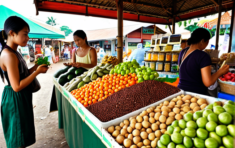 **Image Prompt:** A vibrant marketplace scene in Thailand. Focus on a local vendor offering cosmetic refills in eco-friendly packaging like bamboo or reusable glass jars. Highlight the farmer's market atmosphere with fresh produce nearby, emphasizing the connection between sustainable ingredients and local communities. Include Fair Trade certified labels.